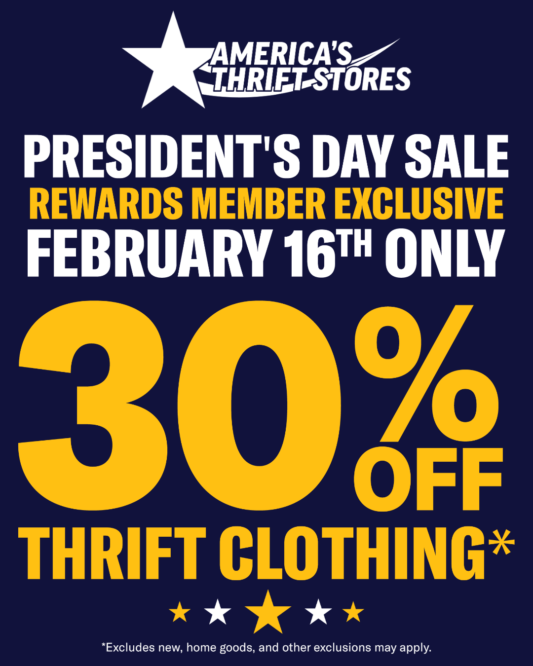 30 percent off presidents day sale at americas thrift stores